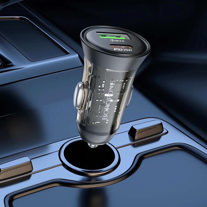 Incarcator Auto Borofone BZ26A Shadow USB + TYPE C - PD 43W 3A +Cablu 1USB Type C-Type C - Transparent - 1 | YEO